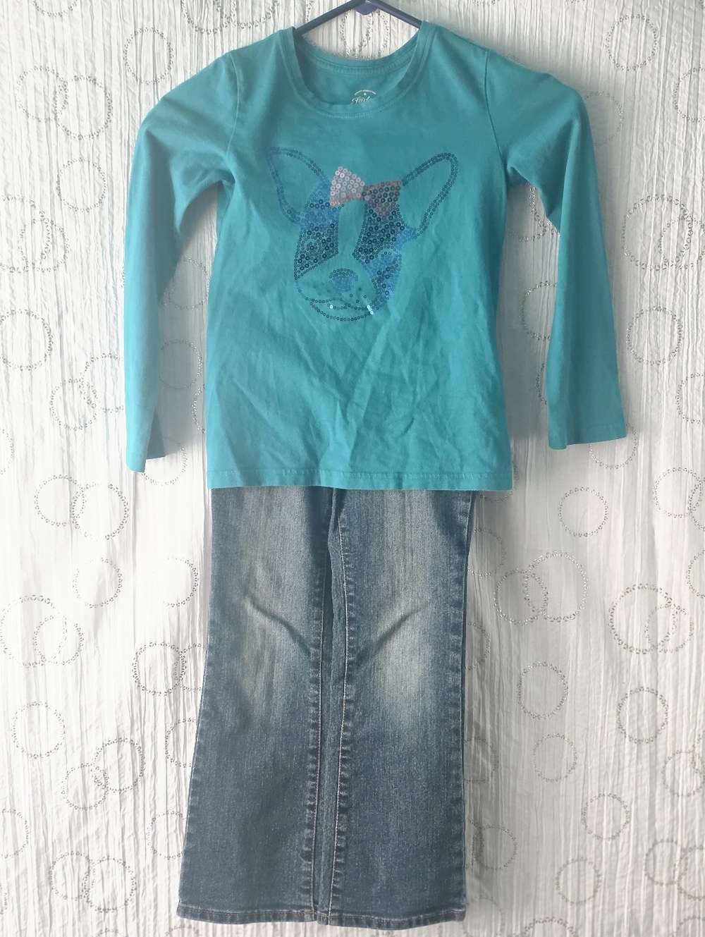 Faded Glory Teal Long-Sleeve Sequin Dog Tee & Bluejean Outfit.